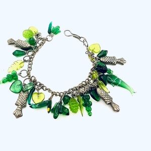 RARE Vintage Murano Sytle Eclectic Green Glass & Silver Charm Fish Bracelet